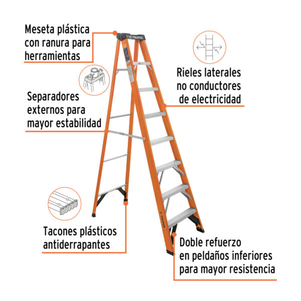 Escalera de tijera, tipo ll, 7 peldaños, fibra de vidrio
